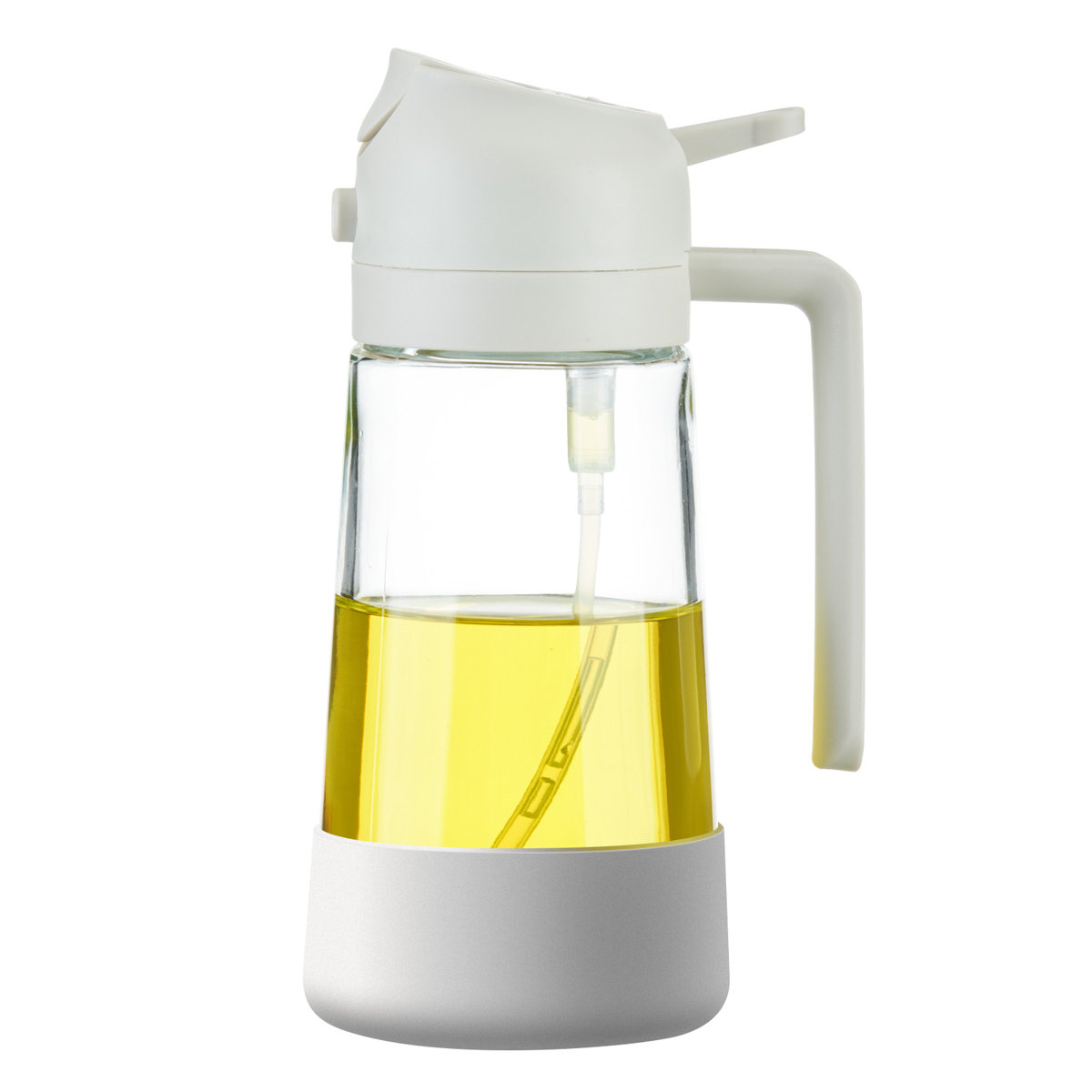 16 oz glass oil jug kitchen seasoning bottle, leak-proof olive oil storage bottle with non-slip silicone bottom, kitchen supplies for catering, cooking and salad dressing, with spray and pouring functions.2-in-1 olive oil dispenser.